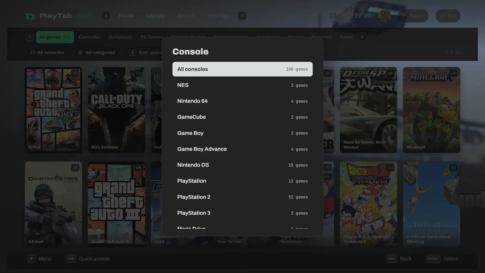 PlayTab app screenshot: Pick a console: NES, N64, PS2…