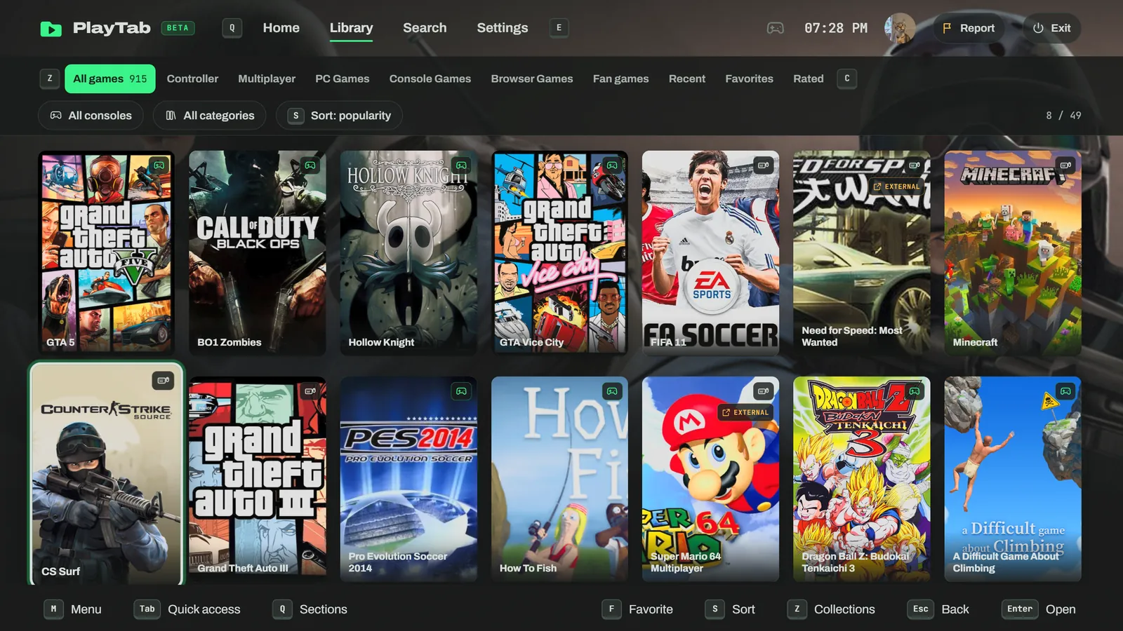 PlayTab app screenshot: Library: 900+ games, filters and sorting
