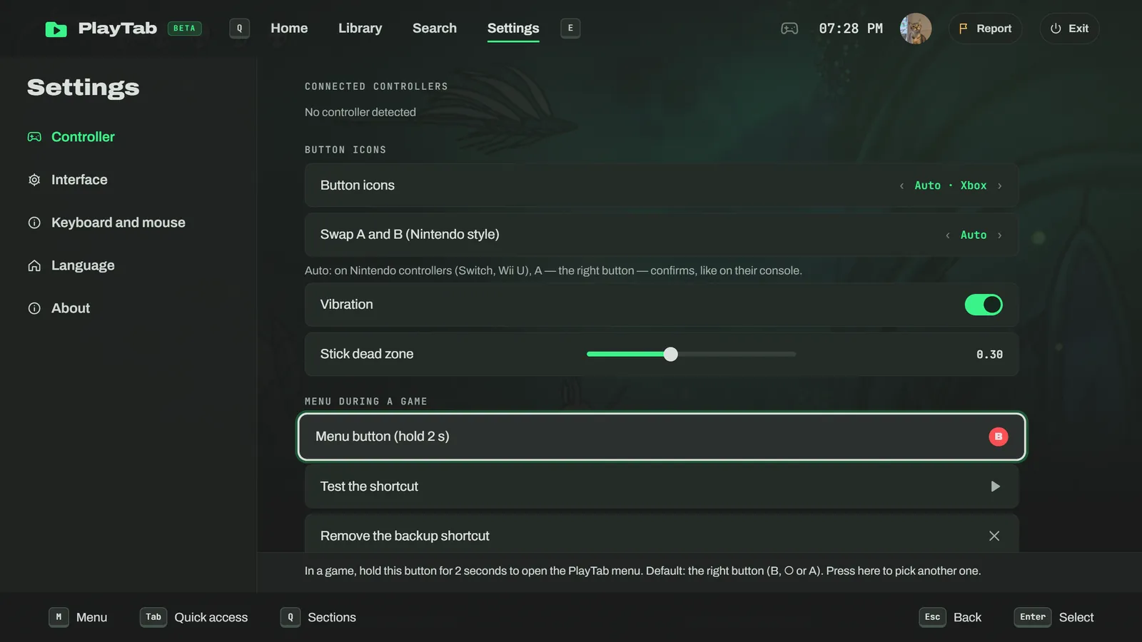 PlayTab app screenshot: Controller settings: buttons, rumble, dead zone