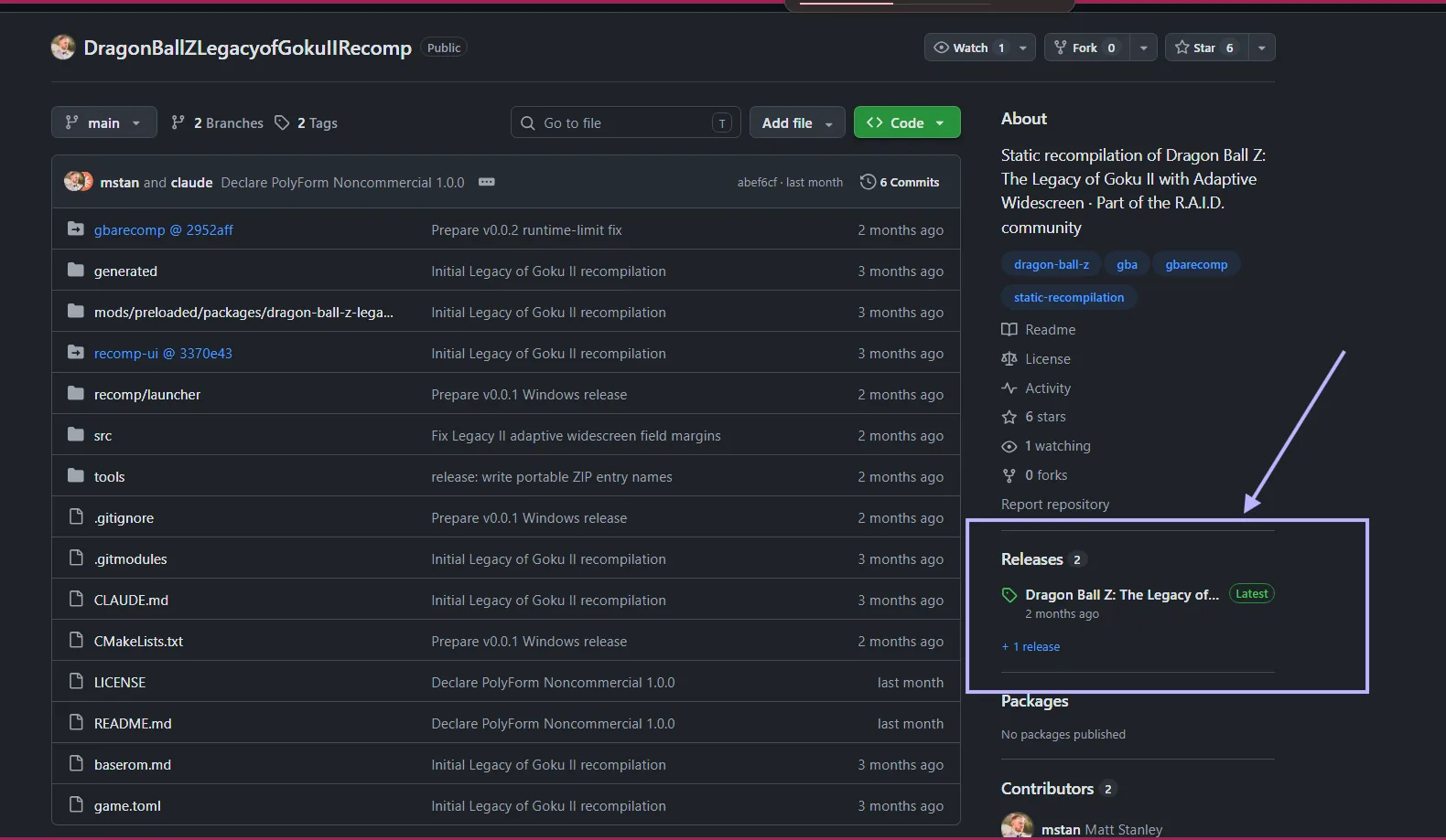 Page d'un projet sur GitHub : la section « Releases » se trouve dans la colonne de droite.